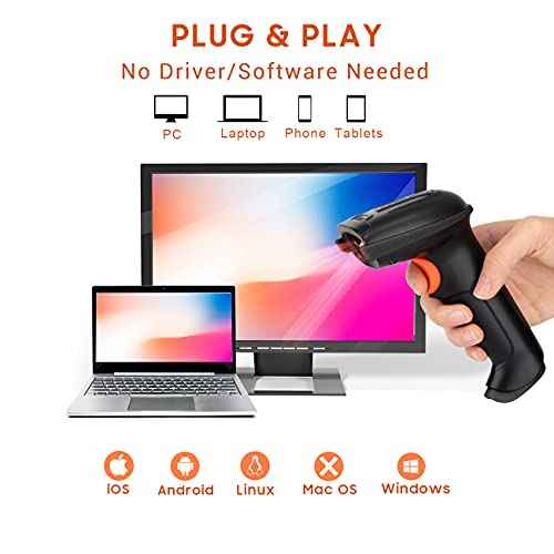 Tera Pro 1D Wireless Barcode Scanner 3 in 1 Bluetooth & 2.4G Wireless & USB Wired CCD Cordless 2500 Pixel Bar Code Reader with Battery Level Indicator for Windows Mac Android iOS Model T5100C,Orange