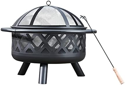 Teamson Home Round Steel Outdoor Fire Pit Outside Wood Burning Firepit Bonfire with Firebowl, Poker, Mesh Screen for Patio Garden Backyard BBQ, 30 Inch, Black