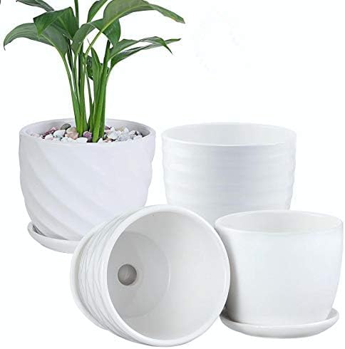 sietpoek Plant Pots - 4.7 Inch Cylinder Ceramic Planters with Connected Saucer, Pots for Succuelnt and Little Snake Plants, Set of 4, White