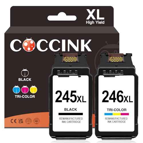 COCCINK 245 XL 246 XL Ink Cartridge for Canon Pixma TS3120 TS3122 TS3150 TS3322 TS202 TS302 MG2500 MG 2522 MG2922 MX490 MX492 TR4522 Printer Remanufactured for Canon 245xl 246xl Combo Pack