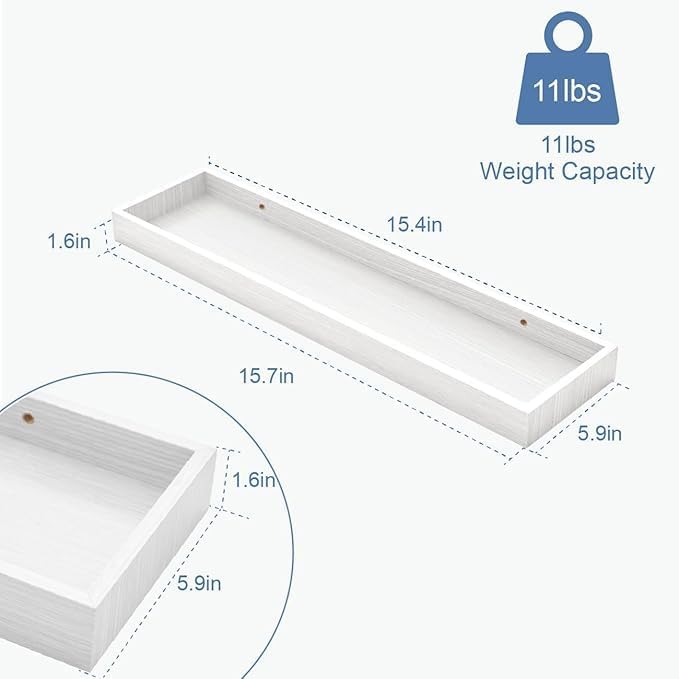 2 Pack 15.7 in White Floating Shelves for Wall, Wooden Wall Shelves for Bedroom Living Room Kitchen, Modern and Rustic Bathroom Shelves with Raised Lip, Decor Floating Shelf for Storage Display