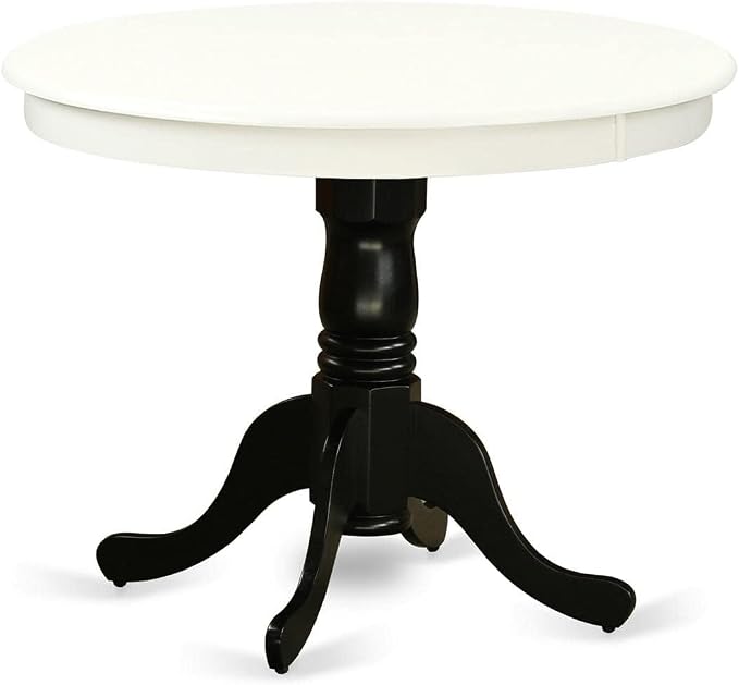 East West Furniture ANT-LBK-TP Antique Modern Kitchen Table - a Round Dining Table Top with Pedestal Base, 36x36 Inch, Linen White & Black
