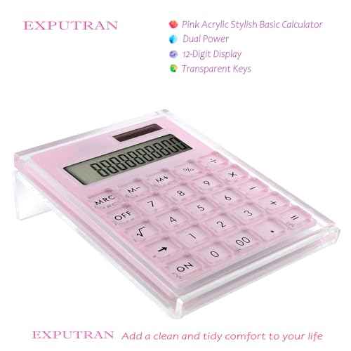 Acrylic Calculator with Stand, Battery and Solar Hybrid Powered Basic Calculator 12-Digit LCD Display,Home Office Desktop Accessories(Pink)