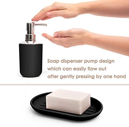 Moss & Stone 6-Piece Bathroom Accessories Set – Black Plastic Bathroom Set with Soap Dispenser, Toothbrush Holder, Cup & Soap Dish – Modern Countertop Bathroom Decor