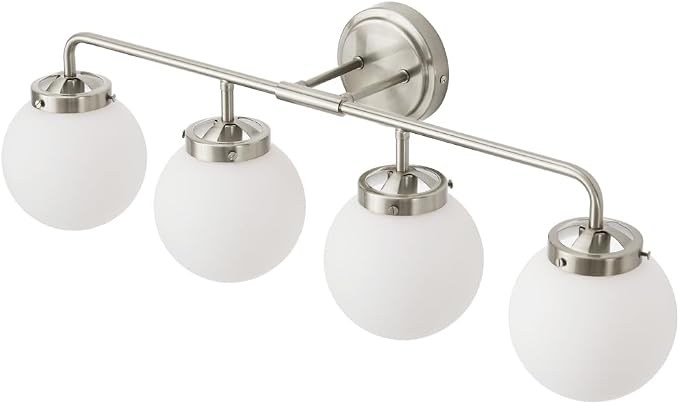 Bathroom Light Fixtures Over Mirror, Brushed Nickel Modern Vanity Lighting with Milk White Glass Globe Shades 4-Light Farmhouse Wall Sconce