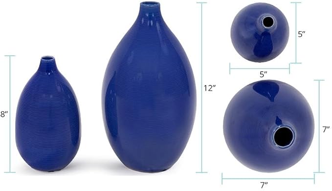 Howard Elliott Glazed Ceramic Flower Or Decorative Home Vase Set, Cobalt Blue, 2 Piece, 7 x 12 Inch and 5 x 8 inch