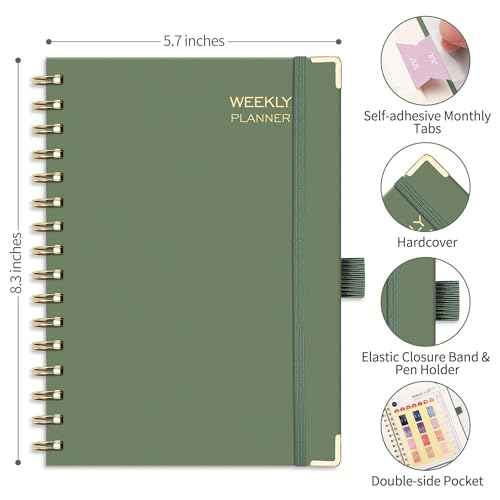 RETTACY Undated Planner, Weekly and Monthly, 53 Weeks and 12 Months, Medium Size (5.7" x 8.3"), 24 Self-adhesive Monthly Tabs, Hardcover, 100 GSM Thick Paper, Spiral-bound (Light Green)