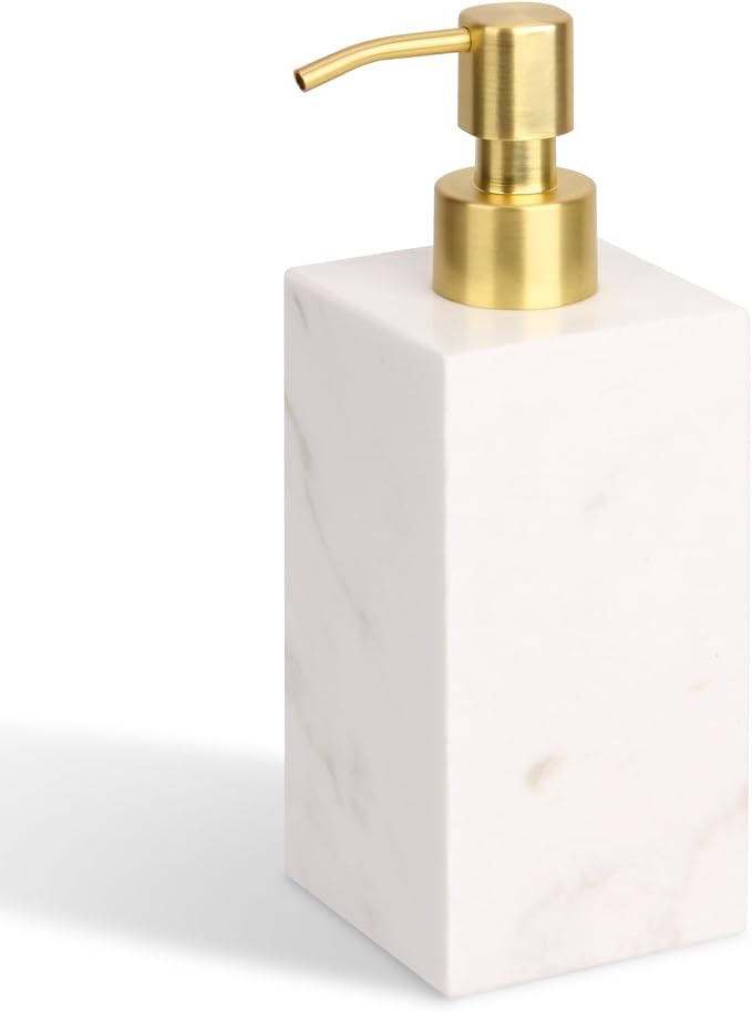Natural Marble Soap Dispenser for Bathroom and Kitchen Countertop - 5.41 Ounces Hand Lotion and Liquid Stone Shampoo Laundry Bottle with Pump (1, White, Rectangular Bottle)