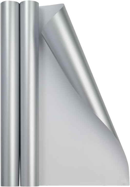JAM Paper Gift Wrap - Matte Wrapping Paper - 52.6 Sq Ft Total (17 in x 18 Ft Each) - Matte Silver Foil - 2 Rolls/Pack