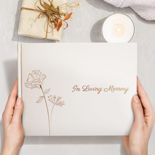 Revery Funeral Guest Book for Memorial Service - with Pen, Cards, Table Sign & Back Pocket, Guests Sign in Book in Loving Memory | Celebration of Life Memorial Service Guest Book, White Linen Cover