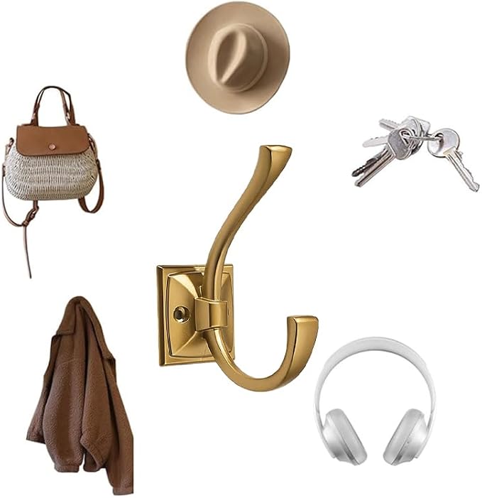 5 Pack Decorative Heavy Duty Towel Hooks for Hanging Robe Double Modern Gold Coat Hooks Wall Mounted with Screws for Key, Towel, Bags, Cup, Hat