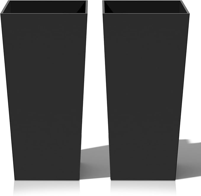Tall Planters for Outdoor Plants, Large Resin Flower Pots for Garden, Front Porch, Patio, Indoor - Set of 2 (Black, 28 inch - 2 Pack)