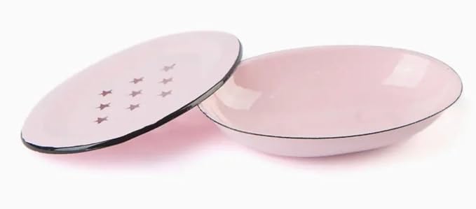 Enamel Soap Dish, Star Drip Tray- Oval 5.5 x 4 inch - Vintage Farmhouse Style (Pink)