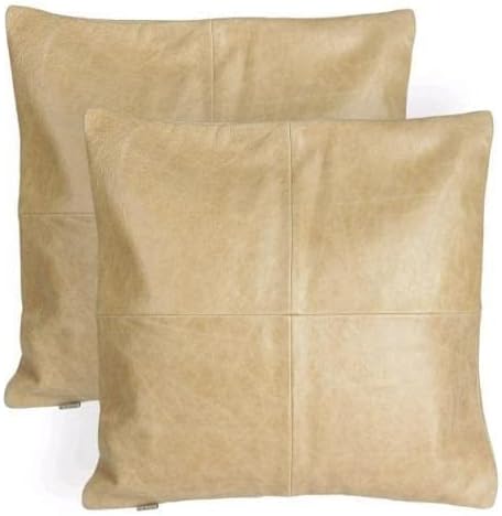 D DOLLY LAMB Lambskin Leather Pillow Cover - Sofa Cushion Case - Decorative Throw Covers for Living Room & Bedroom, 20x20 Inches - Light Beige Plane Pack of 1