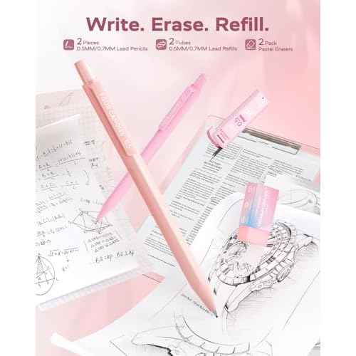 Four Candies Pink School Supplies with Case, Gel Pens with Black Ink, Correction Tapes, Pastel Highlighters, Mechanical Pencils, Sticky Notes, Index Post for Bible Study Stationary College Essentials