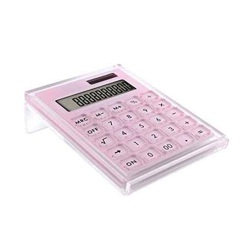 Acrylic Calculator with Stand, Battery and Solar Hybrid Powered Basic Calculator 12-Digit LCD Display,Home Office Desktop Accessories(Pink)