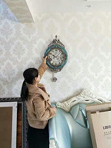 SHISEDECO Elegant, Traditional, Decorative, Hand Painted Modern Grandfather Wall Clock Fancy Ethnic Luxury Handmade Decoration, Swinging Pendulum for New Room or Office. Large. 29.5 Inch. (Blue)