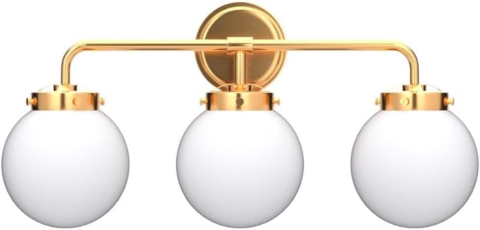 Gold Bathroom Vanity Light Fixtures Over Mirror, 22.4'' Modern Brass 3 Lights Wall Sconce with Milky Glass Ball Shade, Mid Century Farmhouse Vanity Lighting