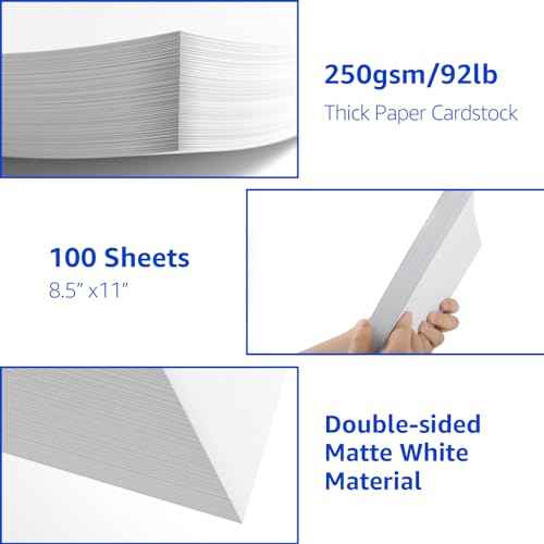 100 Sheets White Cardstock Paper, Cardstock Printer Paper 8.5 x 11, 92lb/250gsm Card Stock, Heavy Thick Printing Papers, Copy Papers for School Office Supply,DIY Card,Art, Tag,Invitation,Construction