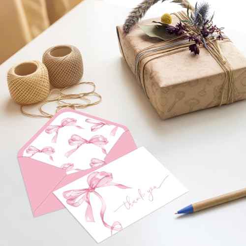 Whaline 24Pcs Pink Bow Thank You Cards with Envelopes and Stickers Watercolor Bow Greeting Cards Pink Blank Note Cards for Wedding Birthday Bachelorette Baby Shower Party Supplies