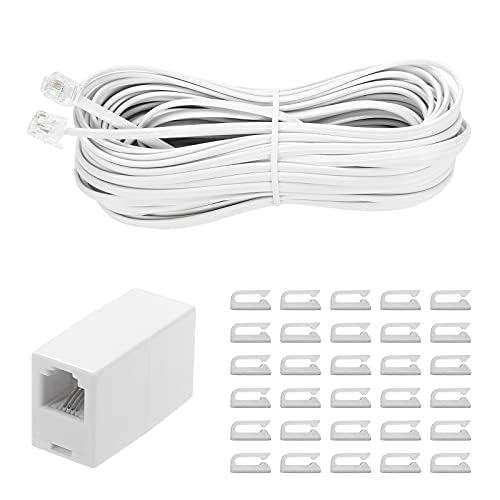 Skiennix 100 Feet Telephone Extension Cord - Standard RJ11 Plug with 1 Coupler & 30 Cable Clips | White