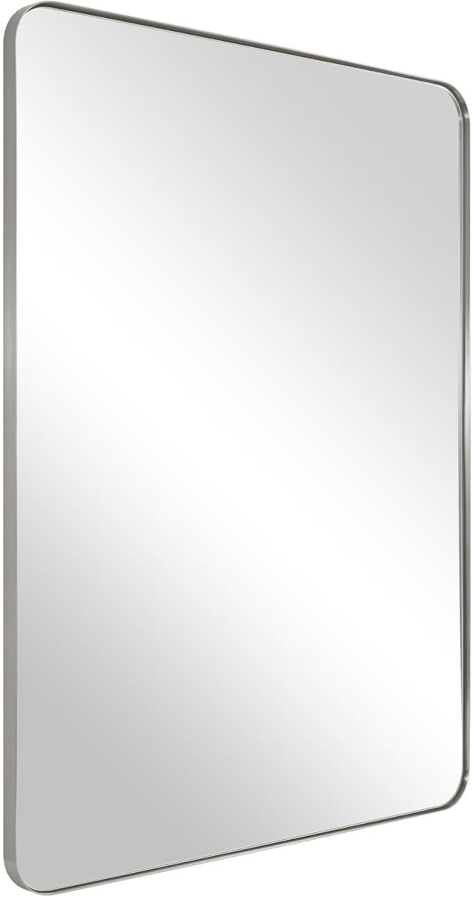 ANDY STAR Brushed Nickel Mirror for Bathroom, 22"x30" Silver Metal Frame Wall Mirror, Rectangular Stainless Steel Rounded Corner
