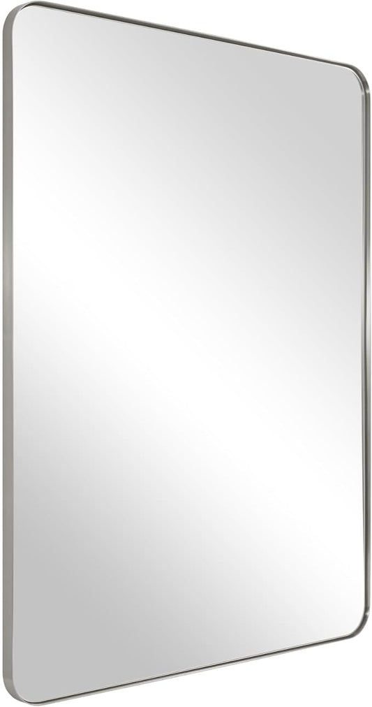 ANDY STAR Brushed Nickel Mirror for Bathroom, 22"x30" Silver Metal Frame Wall Mirror, Rectangular Stainless Steel Rounded Corner
