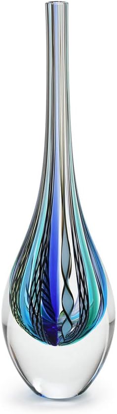 Ca D Oro Small Drop Glass Vase Boho with Blue/Green Canes Hand Blown Murano-Style Art Glass - Model Tall