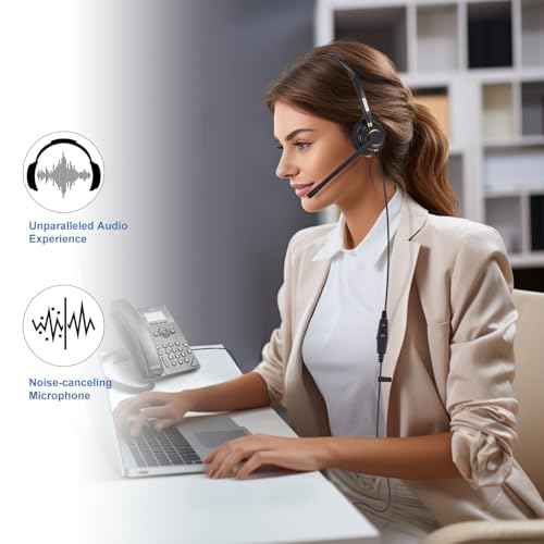 Arama Yealink Phone Headset with Mute Switch, RJ9 Office Telephone Headsets with Mic Noise Cancelling Compatible with Yealink VoIP Phone T21P T42S T46S T48S T27G T53W T54W Grandstream Snom (A800Y2)