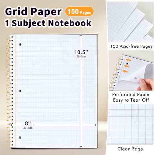Graph Paper Notebook,1 Subject 80GSM Thick Grid Paper Notebook 8" x 10-1/2", Hardcover Spiral Notebooks for School Work Women Men, Graphing Notebook Journal for Writing,3-Hole Punched Perforated Black