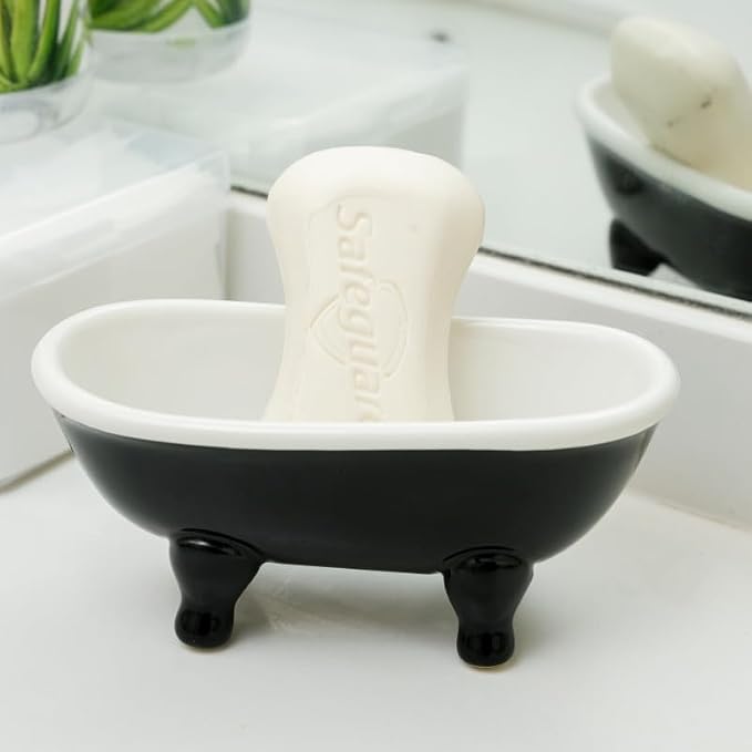 5.7" Ceramic Mini Clawfoot Bathtub Bar Soap Dish, Decorative Bar Soap Holder for Shower, Bathroom & Kitchen Sink (Black)