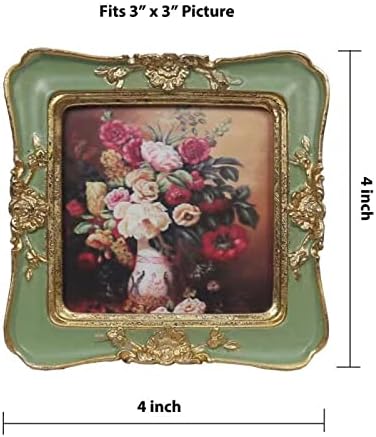 WINPLUS+ Vintage Picture frames 3x3,Luxury Antique Photo Frames With Golden Embossed Flower Furnishing, Retro Style Decor, Wall and Tabletop Display, Art Gallery (3 * 3-Green)