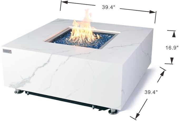 Elementi+ | Bundle Bianco Gas Fire Pit | Marble Porcelain & Metal Frame | 40" Square Fire Table | Electronic Ignition | Canvas Cover, Fire Glass & Burner Lid Included | White | Propane Gas