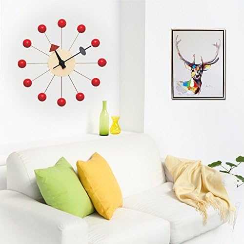 SHISEDECO Mid Century Painted Solid Wood Non Ticking Decorative Modern Silent Wall Clocks Retro Design for Home, Kitchen, Living Room, Office etc.,(Ball Clock in Red)