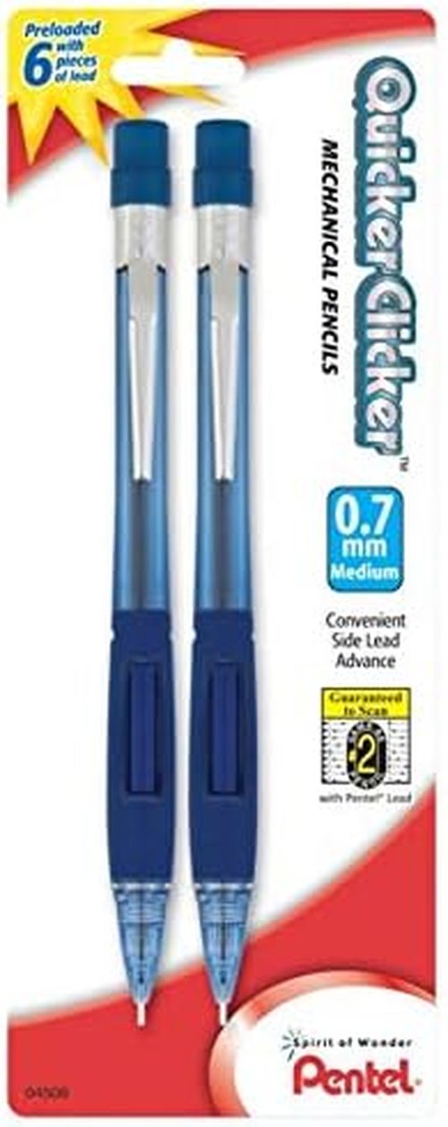 Pentel Quicker Clicker Mechanical Pencil - 0.7mm Tip, Transparent Blue Barrel, Pack of 2