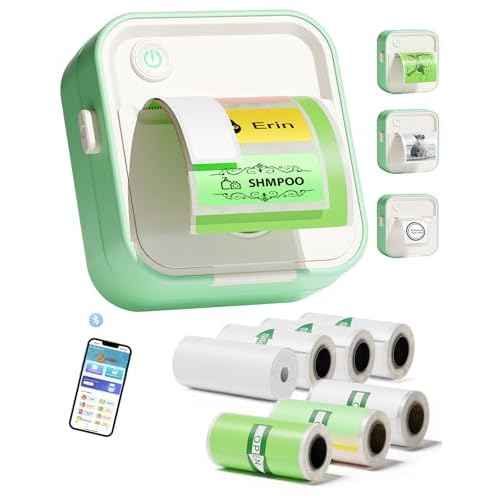 Label Maker Machine, HD Mini Sticker Printer with 7 Rolls Paper, Portable Thermal Print Pod Supports 12-57mm Papers, Bluetooth Pocket Printer for Home, Kitchen, School (Green)