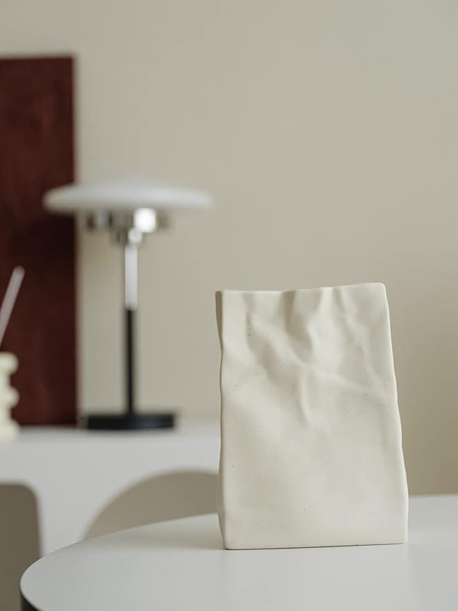 WENSHUO Crinkle Paper Bag Shape Ceramic Vase, Large Capacity for Flower Arrangement, Bookshelf Decorative (Matte Crème)