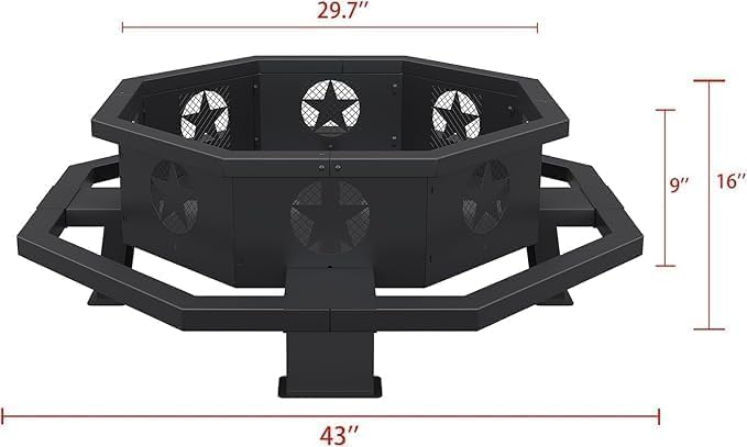 Auhilence 43 inch Large Fire Pit, Outdoor Fire Pit with Heavy Duty Construction, Wood Burning Fire Pits for Outside Octagonal Firepit for Camping, Backyard, Patio, Black