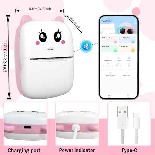 Mini Sticker Printer with 10 Rolls Paper, Thermal Printer Portable Sticker Maker, Bluetooth Inkless Printers Compatible with iOS & Android, Pocket Impresora Port?til for Notes, Journal, DIY, Kids Gift