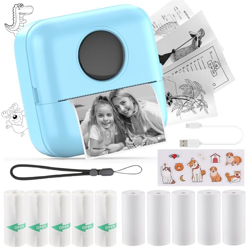 HuiJuKeJi Mini Sticker Printer Bluetooth Smart Pocket Inkless Thermal Printer with 11 Rolls Thermal Paper and Sticker for iOS&Android, Portable Receipt Printer for Photo Journal Notes Memo