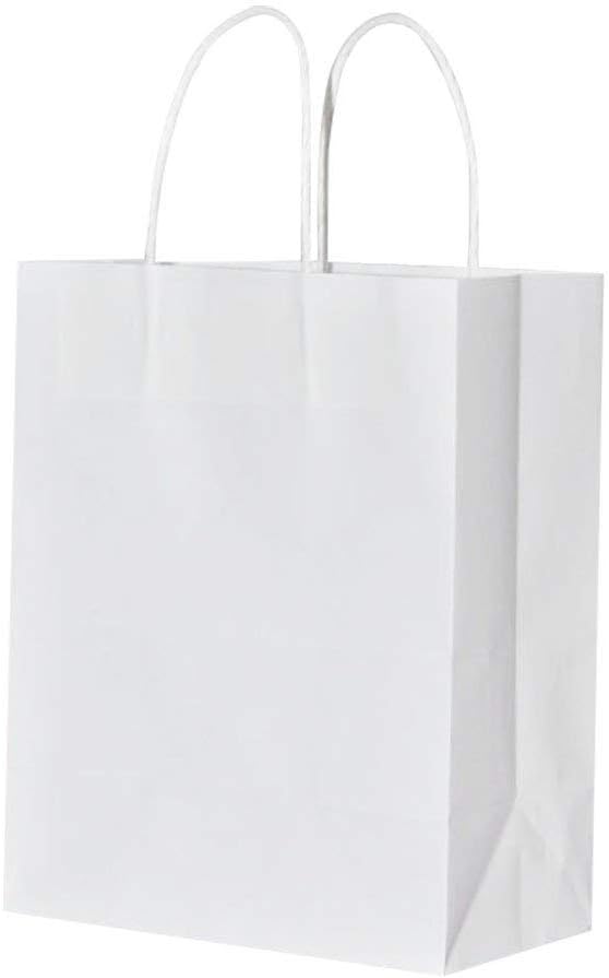 bagmad 100 Pack Sturdy Small White Kraft Paper Bags with Handles Bulk, Gift Bags 5.25x3.25x8 Inch, Craft Grocery Shopping Retail Party Favors Wedding Business Sacks (White, 100pcs)