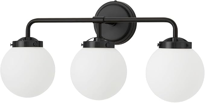 Black Bathroom Light Fixtures Over Mirror, 22.4'' 3-Light Modern Vanity Lighting with Milk White Glass Globe Shade Wall Sconce
