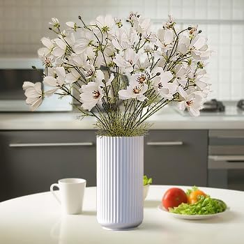 ATFL White Daisy Artificial Flowers, 8 Bundles 21.65'' Faux Silk Daisy with Stems for Home Garden Vase Decor