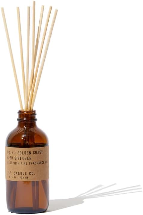 P.F. Candle Co. Golden Coast Classic Scented Rattan Reed Diffuser (3.5 fl oz) Amber Glass Jar, Fine Fragrance Oil, Flame-Free Fragrance, Made in The U.S.A.