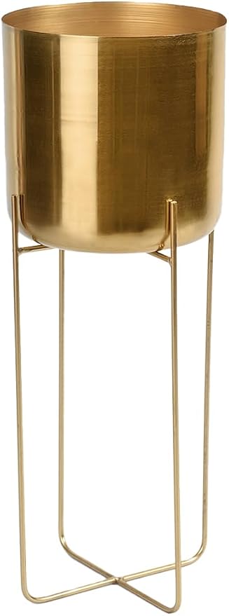 Serene Spaces Living Tall Gold Planter with Detachable Metal Stand - Modern Mid Century Decorative Indoor Plant Pot - Large Floor Planter for Living Room, Kitchen, Office - 26" H x 9.25" Diameter