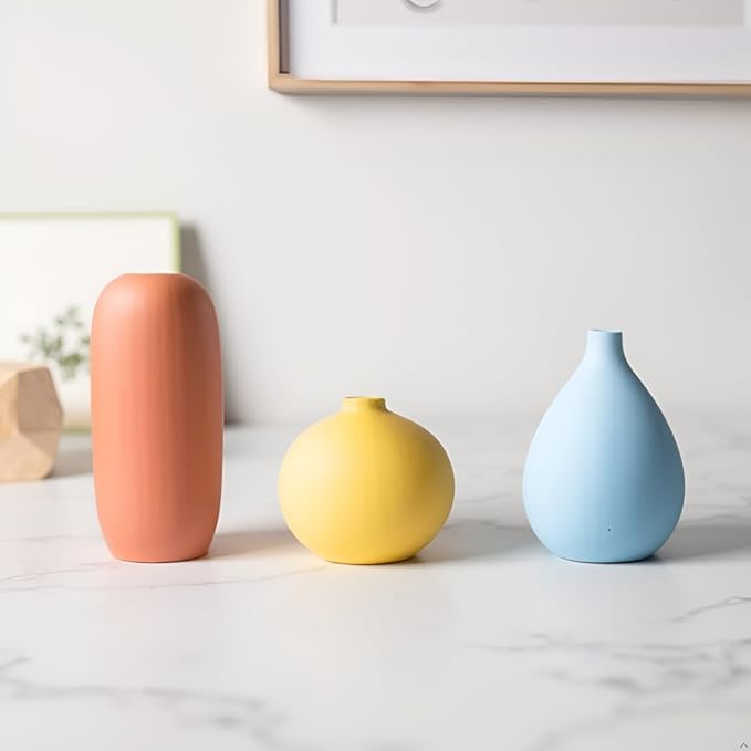 Vase Set of 3, Ceramic Matte Vases Modern Home Table Decor, for Living Room Tabletop, Bedroom, Shelf, Office Bookshelf, Entryway & Coffee Table, Creative Desktop Pieces for Minimalist