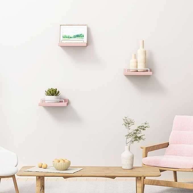 RYOFOBETTO Small Floating Shelf, 6X6 Inches Farmhouse Wall Shelves for Living Room, Bedroom, Picture Frames, Plants, Kitchen, Set of 3 (Pink and White)