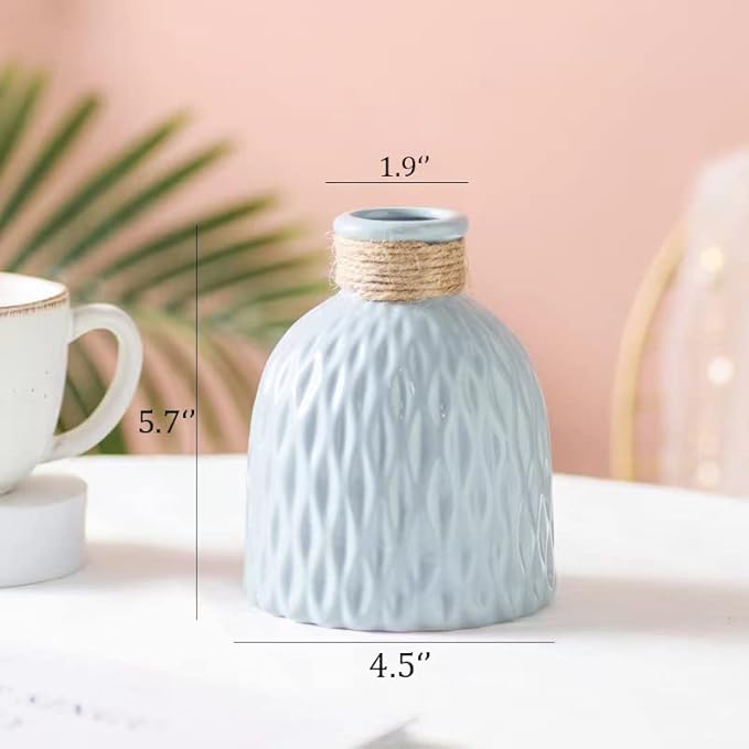 LADADA Blue Artificial Flower Bouquet in Ceramic Vase, White and Blue Ball Chrysanthemum with Eucalyptus, Minimalist Desk Decor for Office Home Centerpiece