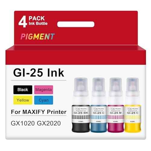 Pigment GI-25 GI25 Ink Refill Bottles Compatible for Canon 25 GI-25 Ink Bottles GI-25BK Work for Canon MAXIFY GX1020 GX2020 MegaTank Printer 190ml (4 Pack,Black/Cyan/Magenta/Yellow)