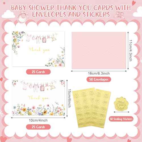 50 Pack Pink Baby Shower Thank You Cards with Envelopes and Stickers for Girl, Thank You Notes with Envelopes Set Bulk, Blank Greeting Cards for Birthday Baby Shower Party